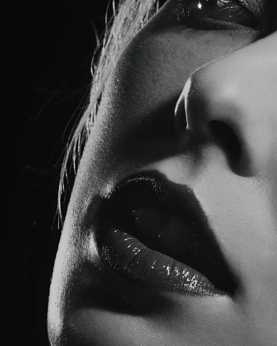 A black and white close-up of a woman's face in soft side light, showing her lips and cheek.